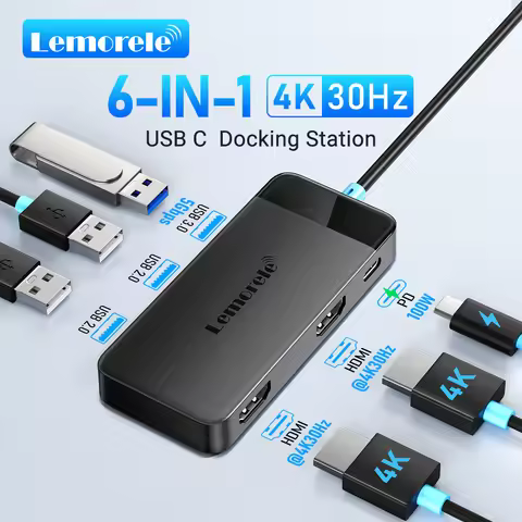 Lemorele TC122 6-in-1 USB C Hub 4K Docking Station Dual HDMI&DP 4K for MacBook Dell HP 100W PD USB 3