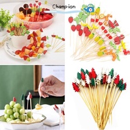 CHAMPIONO 100Pcs Bamboo Sticks Fork Disposable Colorful Cocktail Toothpicks Dessert Buffet Salad