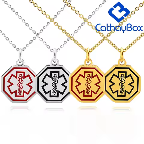 Personalized Stainless Steel Red Medical Alert ID Blank Dog Tag Custom Engraved Pendant Necklace CB0