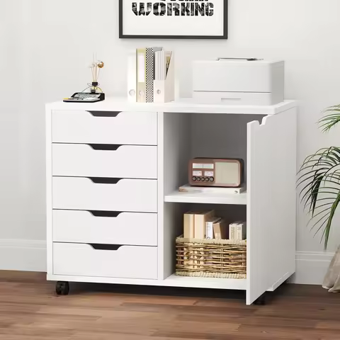 JHK Wood 5 Drawers Cabinets Organizer with Wheels Rolliing File Cabinet with Shelves and Door Printe