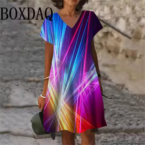 Gradient Print Dress For Women 2025 New Fashion Plus Size Short Sleeve Mini Dress Casual Loose A-Lin