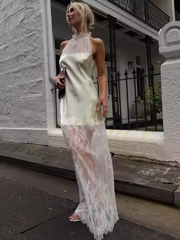 JULISSA MO Turtleneck Patchwork See Through Lace Women Maxi Dress Sleeveless Print Dress Summer Slim
