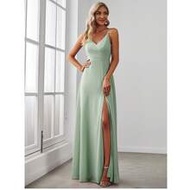 Elegant Sexy Solid Color Spaghetti Strap Slit Sage Green Bridesmaid Dress, Wedding Guest Dress