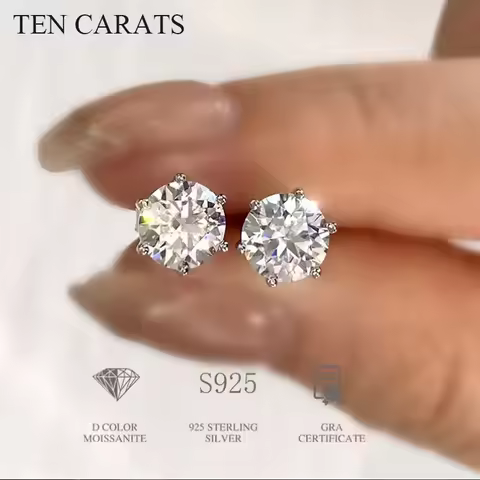 TEN CARATS 0.5ct-3ct D Color Certified Moissanite Stud Earrings Lab Created Diamond 925 Sterling Sil