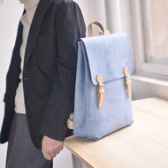 BRLIFEDESIGN霧蠟皮頭層牛皮大款雙肩包學生背包英倫書包 白霧藍