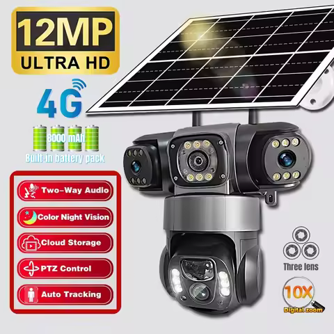 V380Pro Triple Lens 4G Solar Camera Outdoor 12MP 10X Zoom Triple Screen PIR Motion Detection Securit