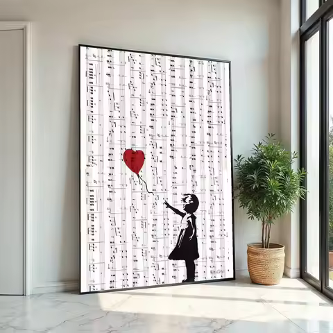 Girl with Balloon on Sheet Music Canvas Print, Banksy Graffiti Art Poster Pop Wall Art Unique Music 