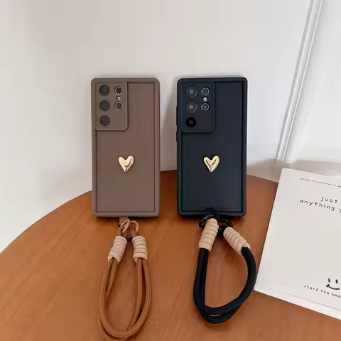 3D Gold Heart Love Wrist Strap Case For Samsung Galaxy S25 Ultra S23 S22 Plus S24 S21 FE Note 20 A56