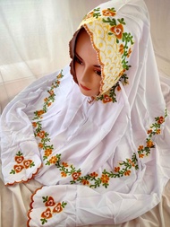MUKENA DEWASA WARNA PUTIH TERUSAN BORDIR BUNGA KECIL NEW MAWAR BESAR KATUN | MUKENAH JUMBO LAJURAN M