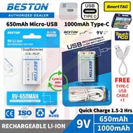[Original] BESTON 9V 1000mAh/650mAh Lithium Rechargeable USB Type-C & Micro USB 2 Hours Fast Chargin