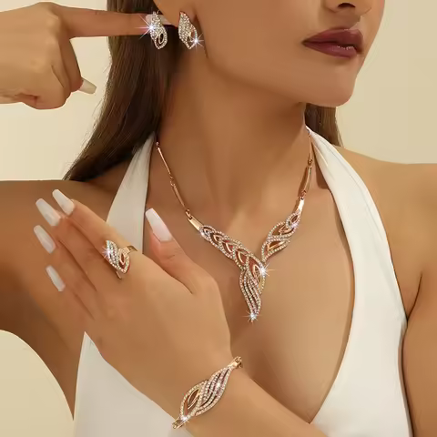 Fashion Rhinestone Gold Leaf 4pcs Jewelry set for Women,Necklace Earrings Ring Bracelet, Bridal Jewe