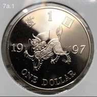 B 047 7a.1/B1.1香港壹圓 1997年【限量版精鑄幣--正背有漬】【回歸紀念版 麒麟一元】 香港舊版錢幣・紀念幣 $100