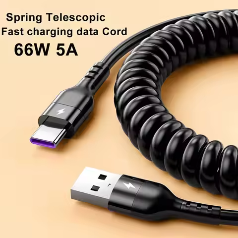 USB Type C 66W Car 5A Type C Fast Charger Cable USB C to Type C Spring Telescopic Phone Charging Cab