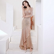 [40-80kg] Sequin dress Woman Three-Quarter Sleeve Long dinner dress gown petite dress 晚礼服 女 晚宴 禮服 宴會