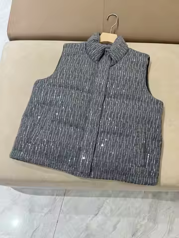 Sequined Knit Down Vest Cashmere Knit Sleeveless Cropped Vest Jacket