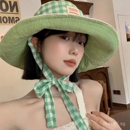 Korean Style Plaid Fisherman Hat for Women, Summer New Double-Sided Wearable Wide Brim Sunshade Sun 