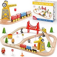 Tiny Land Wooden Train Set, 55Pcs Train Toy for Boys with Wooden Train Track, Toy Train for 3+ &amp; 4-7 Years Old Toddlers and Kids, Train and Track Fits Thomas Brio, TLTGWT003