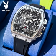 Jenama PLAYBOY 100% Tulen 3087 Jam Tangan Perniagaan Berbentuk Tong Skeleton Jam Tangan Lelaki Sukan