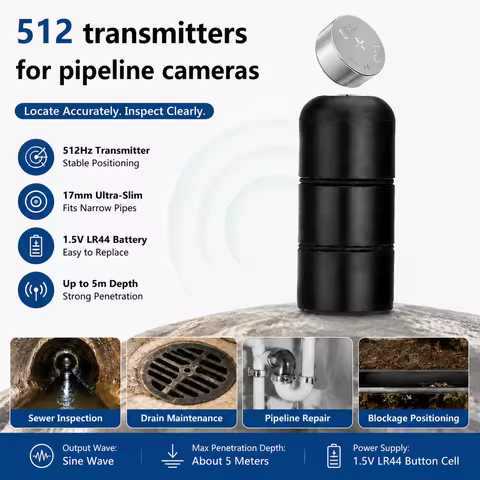 17mm Sewer Pipe Camera 512Hz Transmitter Locator, Sine Wave Output, 5m Working Range, LR44 Button Ce