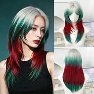 18 นิ้ว วิกผมทรง Mullet Wolf Cut ไล่เลเยอร์ความยาวปานกลางสีขาว-เขียว-แดงสังเคราะห์ผมตรงไล่เลเยอร์พร้