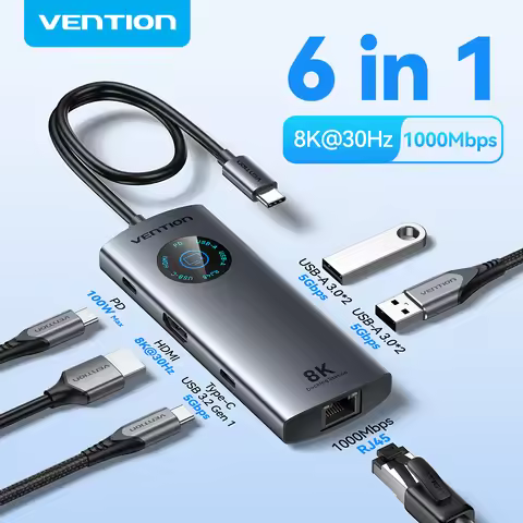 Vention 6 in 1 USB C 8K@30Hz HDMI HUB Smart Led Touch USB 3.0 Ethernet Adapter Docking Station for M