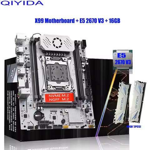 QIYIDA X99 Motherboard Set Kit With LGA2011-3 Xeon E5 2670 V3 CPU (2*8GB) 16GB 3200MHZ DDR4 Desktop 