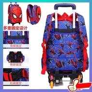 书包 beg sekolah budak lelaki beg sekolah rendah beg roda sekolah Beg sekolah troli kanak-kanak Spider-Man, beg sekolah kalis air untuk umur 6-12 tahun, pelajar sekolah rendah, gred 1-3-5, tangga tiga roda lelaki