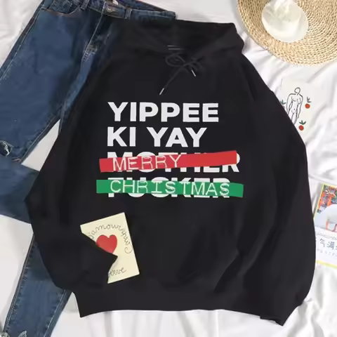 YIPPEE KI YAY Merry Christmas Die Hard Parody Black Hooded Sweatshirt Comfortable Personality Unisex