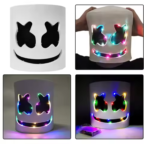 Halloween Light Up Mask Full Face LED Neon Marshmallow Mask Headgear Luminous DJ Music Festival Prop