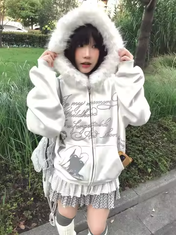 Y2K Japanese Kawai Faxu Fur Hoodies Subculture Streetwear Zipper Coat Cartoon Print Long Sleeve Retr