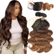 QTHAI Gradient Color Body Wavy Hair Tie, Equipped with 44HDL Lace Closure, 18A Grade 3 Colors Gradie