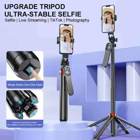 Selfie Stick Tripod 1.85m Extendable Stabilised Selfie Stick with 360° Rotation Bluetooth Selfie Sti