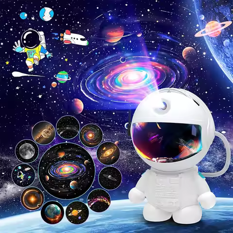 Space Galaxy Night Light Projector, Ultra-HD Astronaut Design, 12 Film Discs, LED Display with Adjus