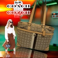 90%🆕🛎️正品COACH Voyager Signature經典滿版C LOGO 厚實提花布 拼接 牛皮革 ｜公事包💼肩背 手提｜老花 多功能 托特包 媽媽包 大容量｜筆電包