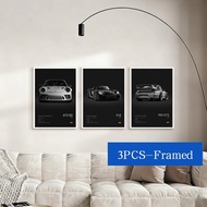 3PCS Black And White Themed Luxury Car 911 GT3 RS Turbo Party Poster With Wooden Frame Home Decor