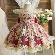 【ahlsen shop】 Lace Embroidery Vintage Kids Princess Dresses for Girls Ruffles Gold Luxury Elegant Pa