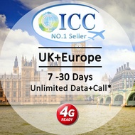 ◆ ICC◆【UK+Europe Sim Card· 7-35 Days】❤ 4G LTE/3G + Unlimited data/Data+Call ❤