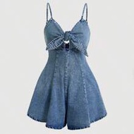 Women Plus Size Blue Denim Romper With Knot Detail Summer Summer Outfits For Women Vacation Outfits 