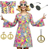 AYBUY Women's Hippie Dress, 70s Costume Set with Necklace, Earrings, Sunglasses, Vintage Dress, 60s 