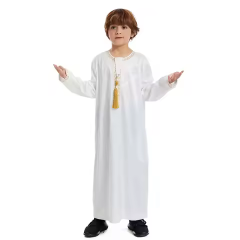 Boys Islamic Thobe Kaftan Robe Arab Dubai Qatar Abaya Eid Al Fitr Dress with Tassel