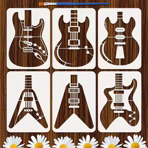 6PCS Guitar Stencils 8.3x11.7 Inch Modern Guitar Body Painting Stencil Reusable Music Template with