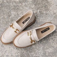 Giày loafer moca lười nữ bệt búp bê đế 3cm cao cấp đen trắng kem
