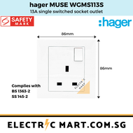 hager MUSE WGMS113S 13A single switched socket outlet c/w M3.5 x 27mm long screws(Suitable for BTO switch replacement HDB new installations Singapore standard size switch hole for easy installation) *NEW beehive-like design plate