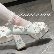 35-42Loafers lolita Bow-knot Round Toe Waterproof Platform Mid-Heel Leather Shoes