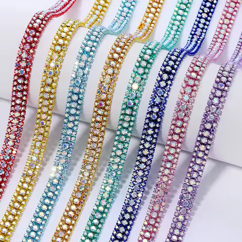 DuCrystal 1/3Yard 3row Glitter Glass Rhinestone Chain Color Base AB Claw Crystal Chain For DIY Dress