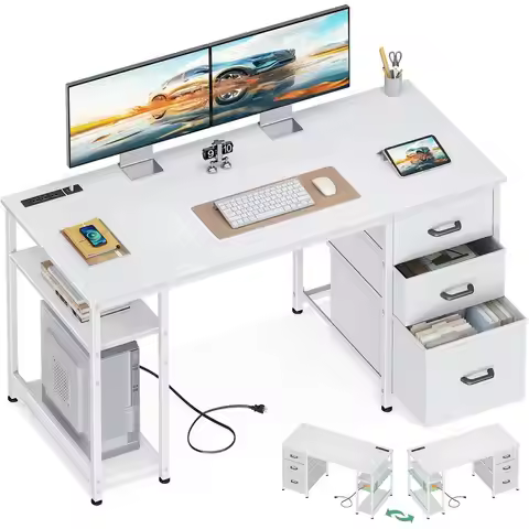 51 Inch Computer Desk with Drawers amp USB Power Outlets Reversible Home Office Desk with Storage Sh