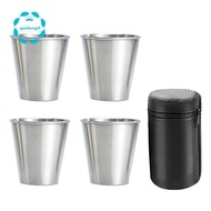 Stainless Steel Shot Cups, Set of 4 Cups, Metal Shot Glasses, Stackable, Hip Flask Small with Leathe