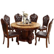 [Discount Price]Marble Round Table European Style Dining Table and Chair Set with Turntable Carved W