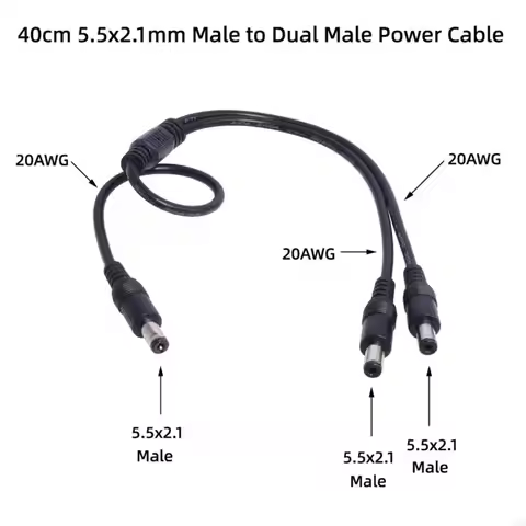 2 Way DC Power Splitter Cable 20AWG 5.5x2.1mm 1 Male to 2 Male Power Supply Splitter Connector Cable