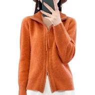 Women Knitted Sweater Coat High Collar Long Sleeve Double Zipper Placket Autumn Winter Solid Color K